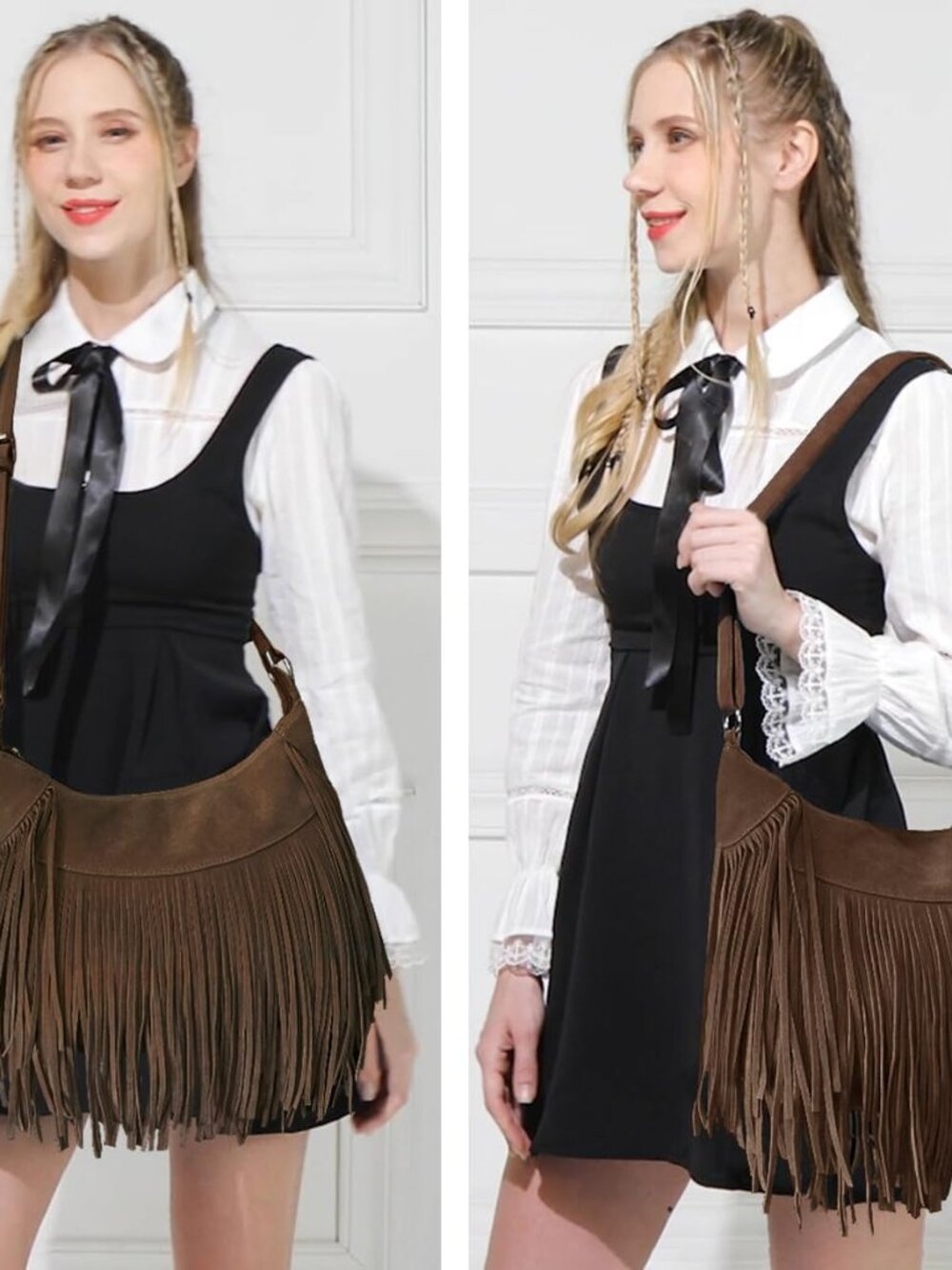 Women Fringe Hobo Bag Western Purse Shoulder Bag Vegan Suede Tassel Hippie Cross - Picture 2 of 6
